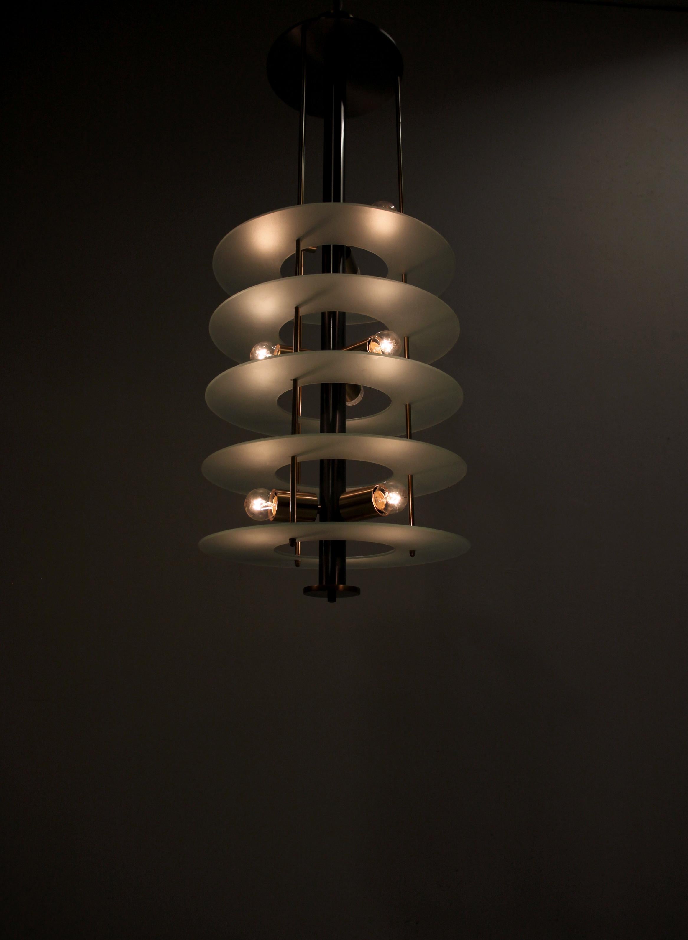 Large Postmodern Chandelier in Glass and Steel, 1980s In Good Condition For Sale In Oslo, NO
