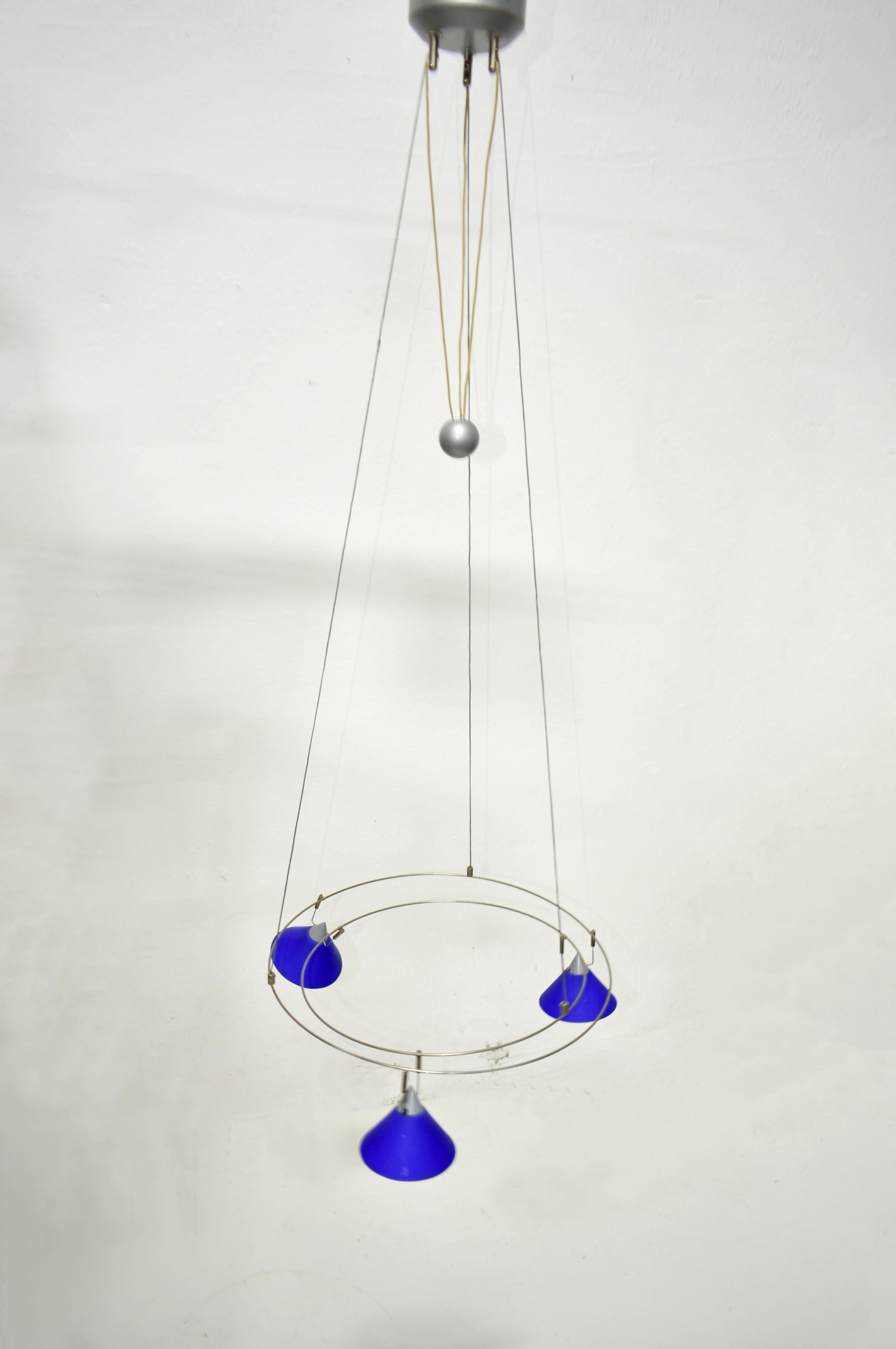 Postmodern Chandelier with 3 Halogen Spotlights in Blue Glass, Germany, 1980s In Good Condition In Zagreb, HR