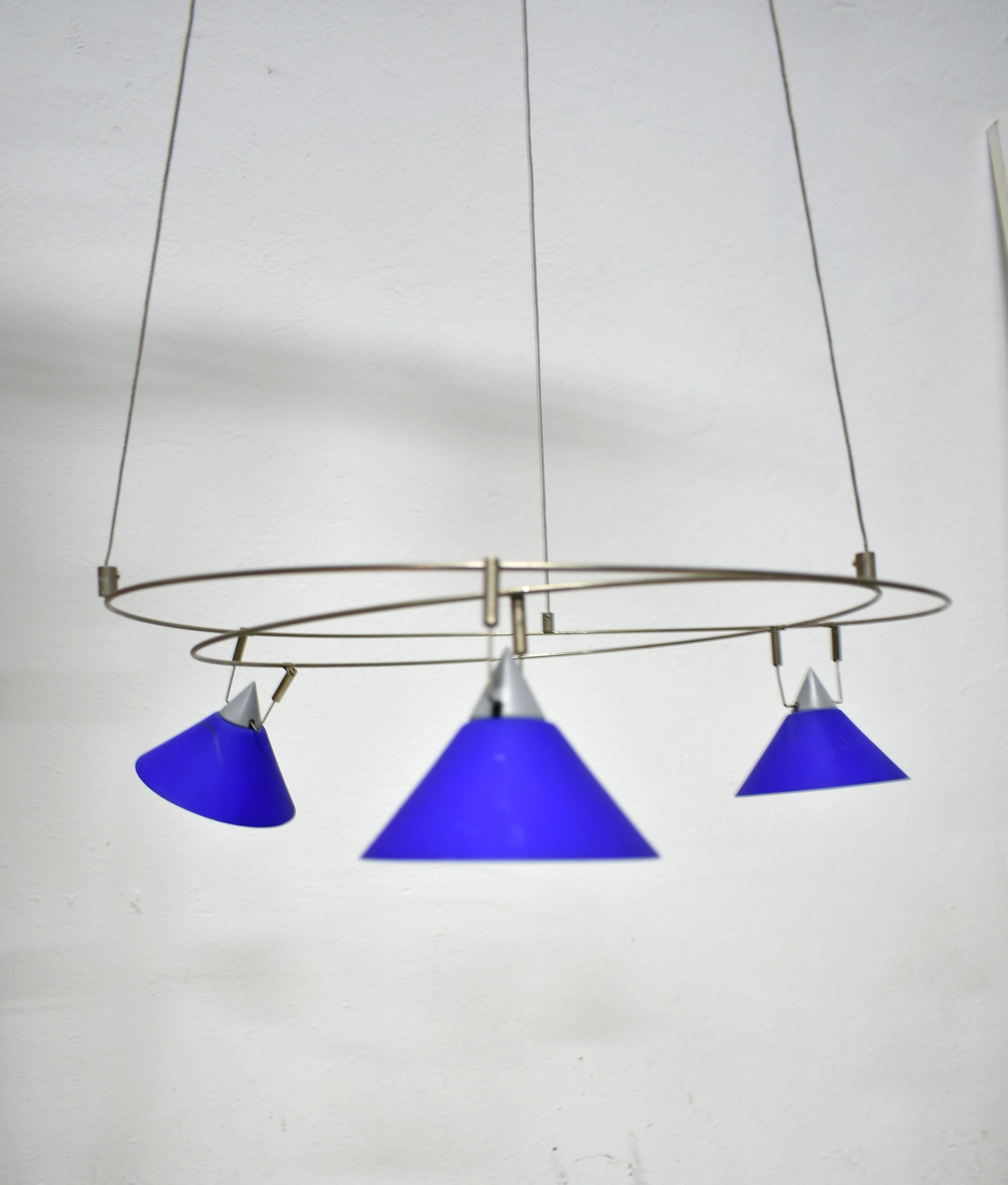 20th Century Postmodern Chandelier with 3 Halogen Spotlights in Blue Glass, Germany, 1980s