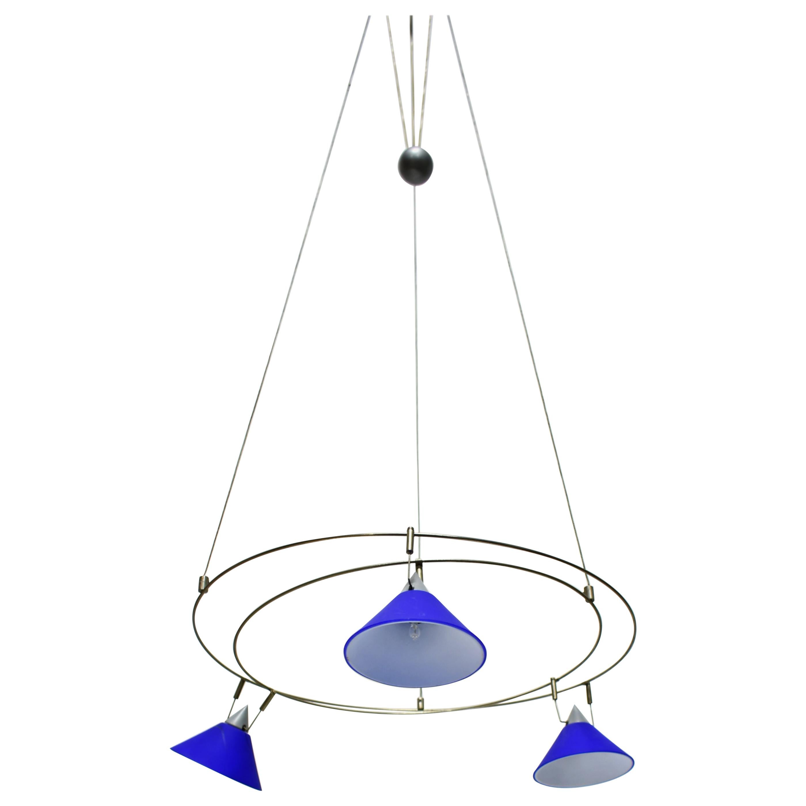 Postmodern Chandelier with 3 Halogen Spotlights in Blue Glass, Germany, 1980s