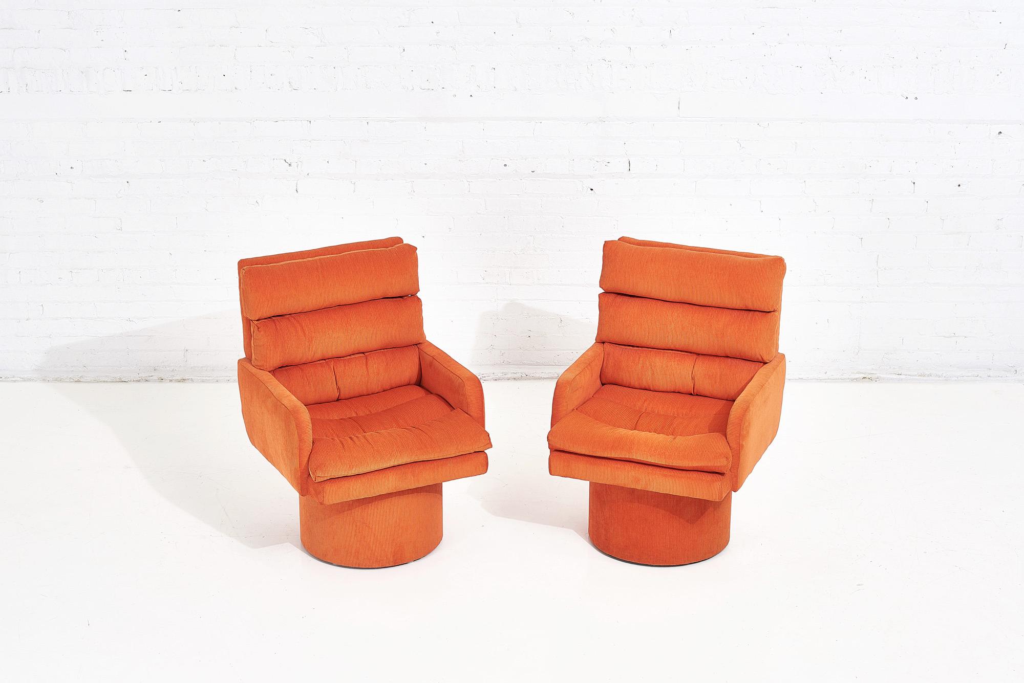 Postmodern channel tufted swivel chairs, 1970. Style of Milo Baughman.