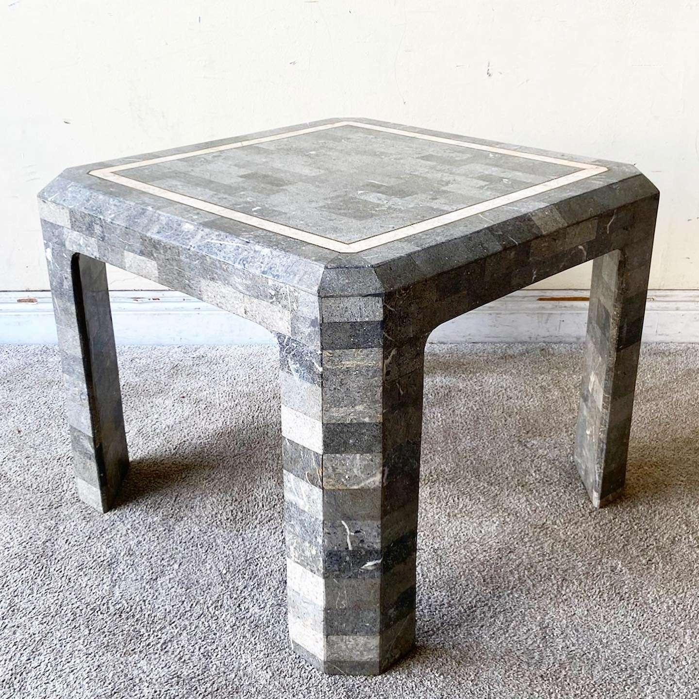 Late 20th Century Postmodern Charcoal Tessellated Stone Side Table For Sale