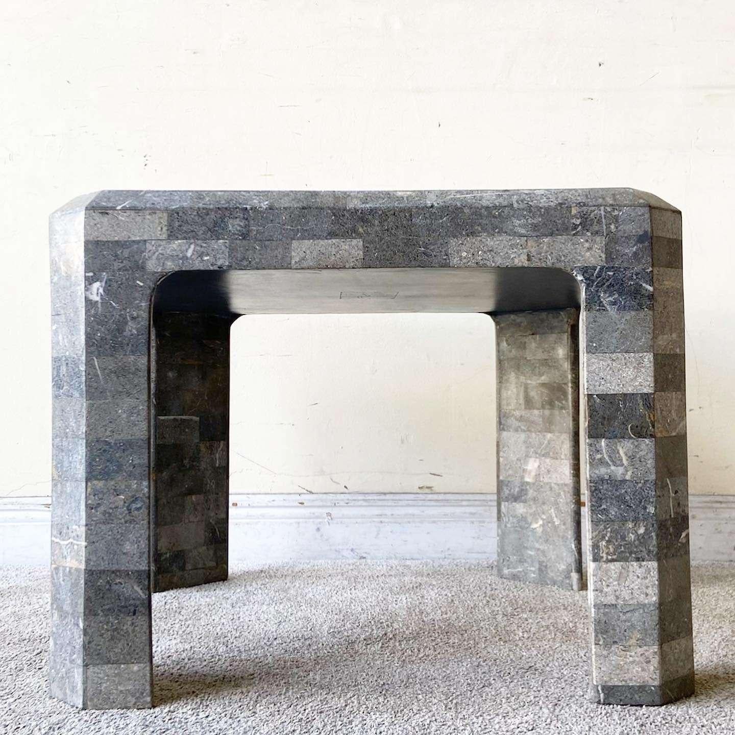 Postmodern Charcoal Tessellated Stone Side Table For Sale 1