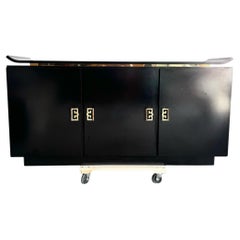 Postmodern Chinoiserie Black Lacquer Laminate Credenza With Gold Handles