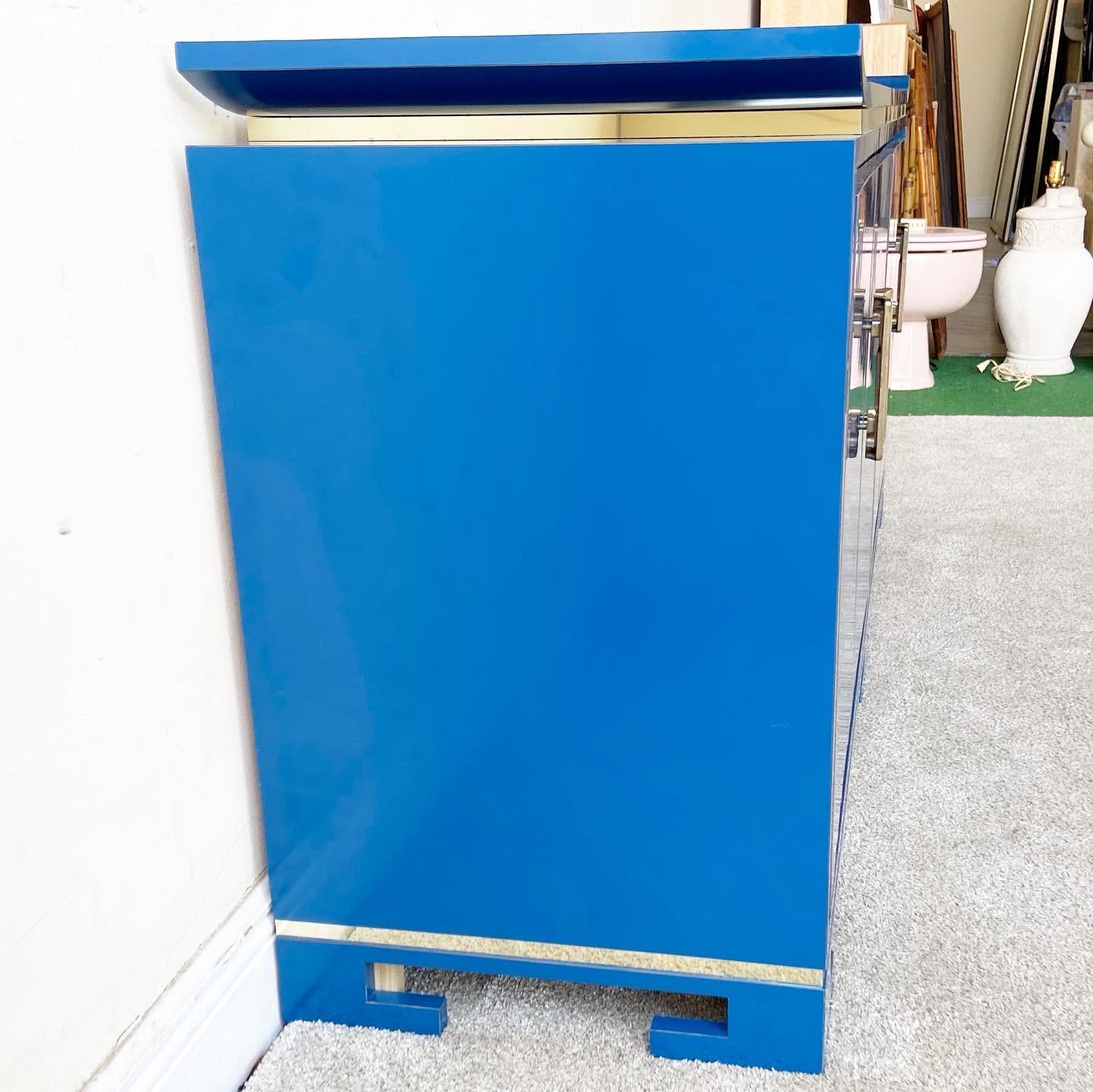 Post-Modern Postmodern Chinoiserie Blue Lacquer Laminate Credenza with Brass Handles