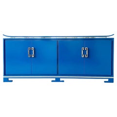 Postmodern Chinoiserie Blue Lacquer Laminate Credenza with Brass Handles