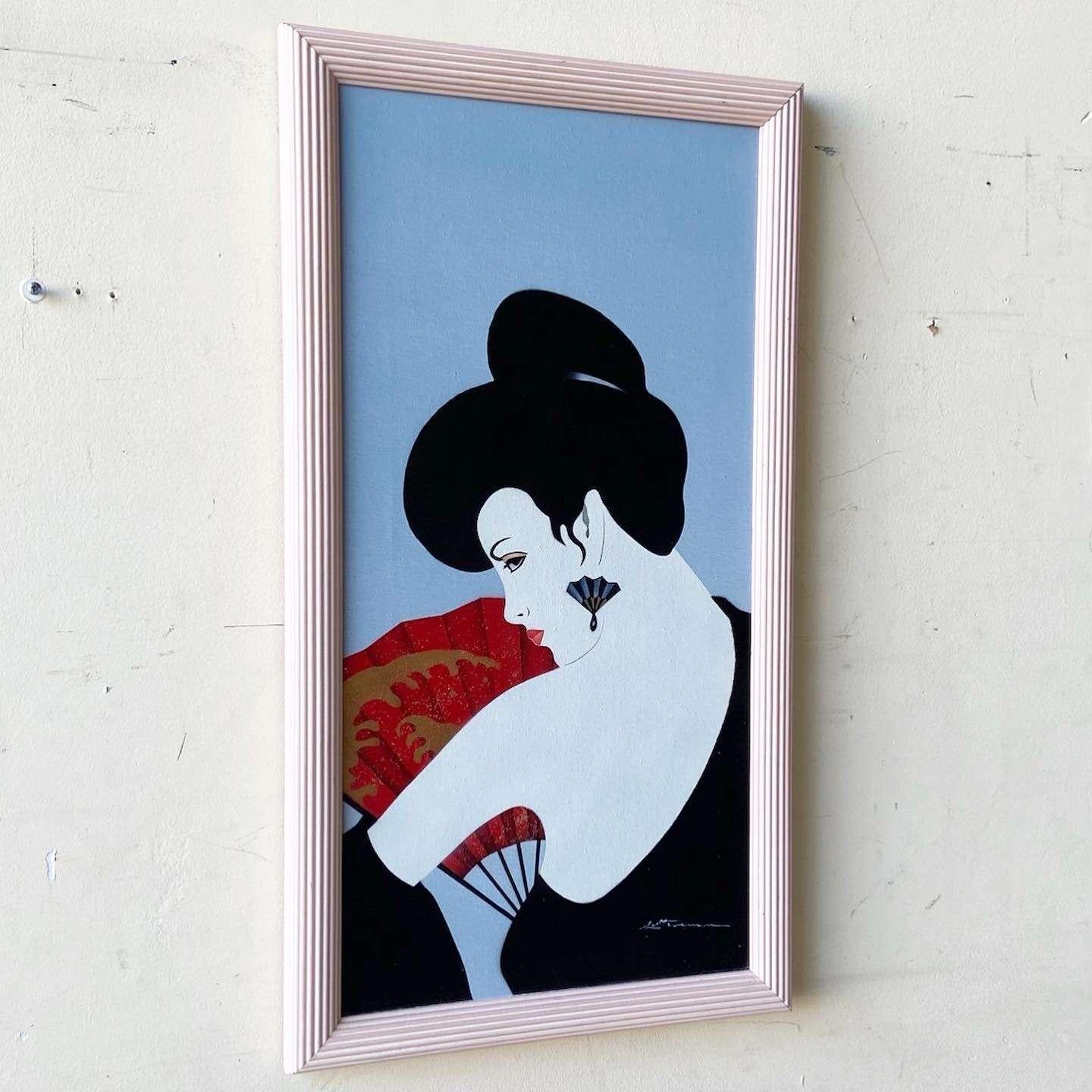 Incredible Patrick Nagel style vintage postmodern/chinoiserie oil painting. Displayed in a pink frame, subject is a woman with black hair in a black dress holding a red fan.