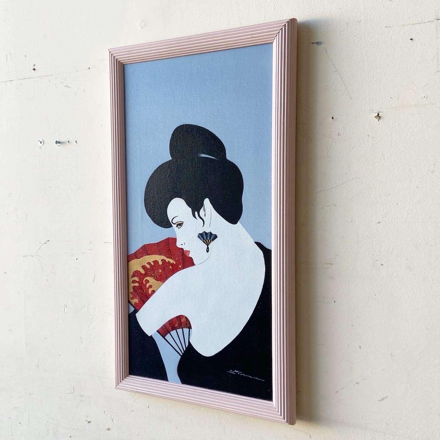 Postmoderne/Chinoiserie Gerahmtes und signiertes Ölgemälde einer Dame mit Fächer im Zustand „Gut“ im Angebot in Delray Beach, FL