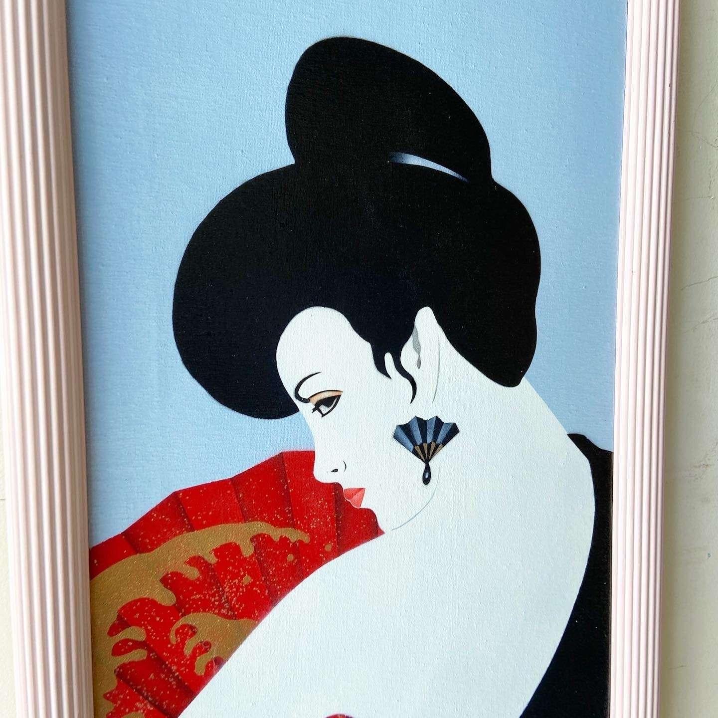 Postmoderne/Chinoiserie Gerahmtes und signiertes Ölgemälde einer Dame mit Fächer (Ende des 20. Jahrhunderts) im Angebot