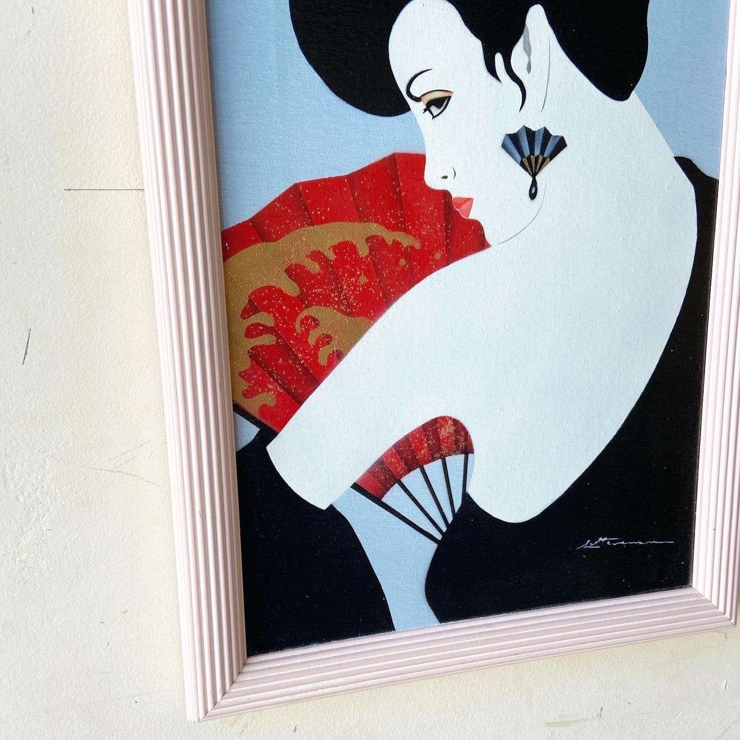 Canvas Postmodern/Chinoiserie Framed and Signed Oil Painting of Lady With Fan For Sale
