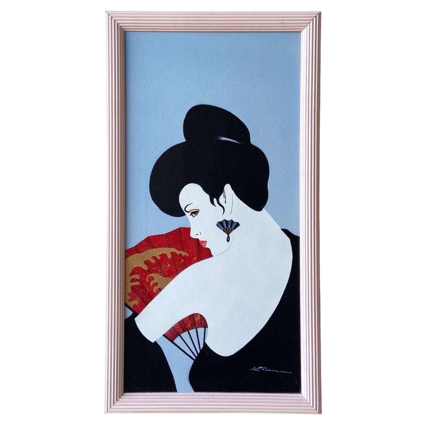 Peinture à l'huile postmoderne/Chinoiserie représentant une femme avec un éventail, encadrée et signée