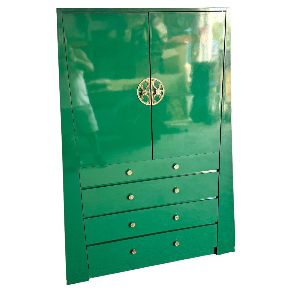 Postmodern Chinoiserie Green Lacquer Laminate Armoire With Brass Accents