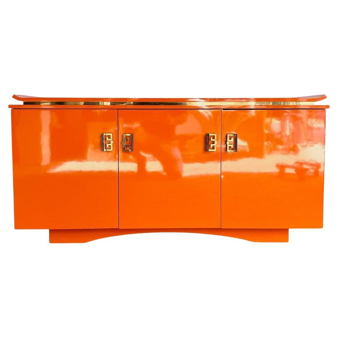 Postmodern Chinoiserie Orange Lacquer Laminate Credenza