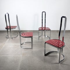 Postmodern Chrome and Red Wood Chairs, Set of 4, 1980s