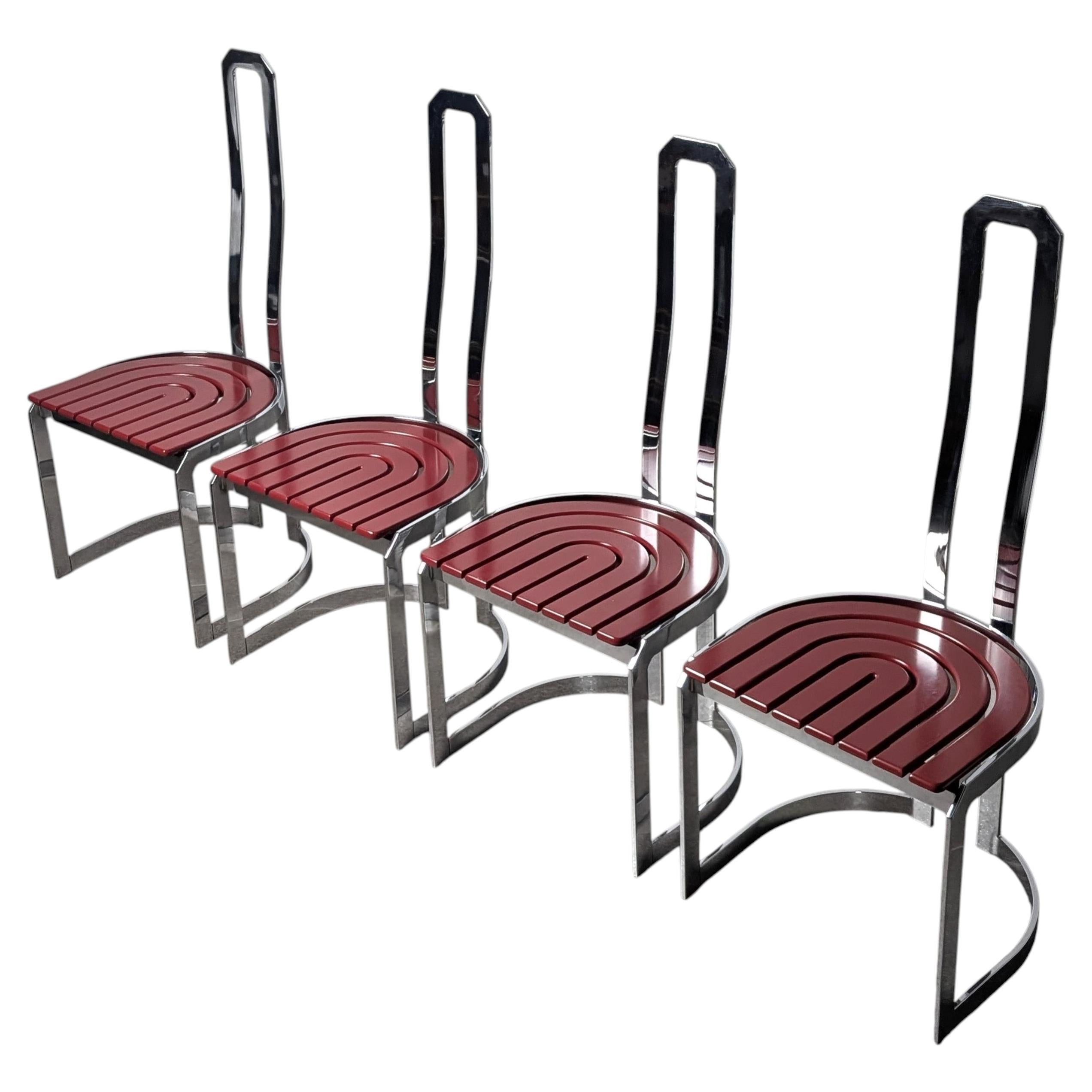 Sedie postmoderne in cromo e Wood rosso, set di 4, anni '80 in vendita