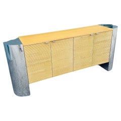 Postmodern Chrome and Ribbed Wood Credenza