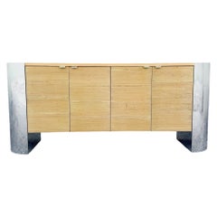 Postmodern Chrome and Ribbed Wood Credenza