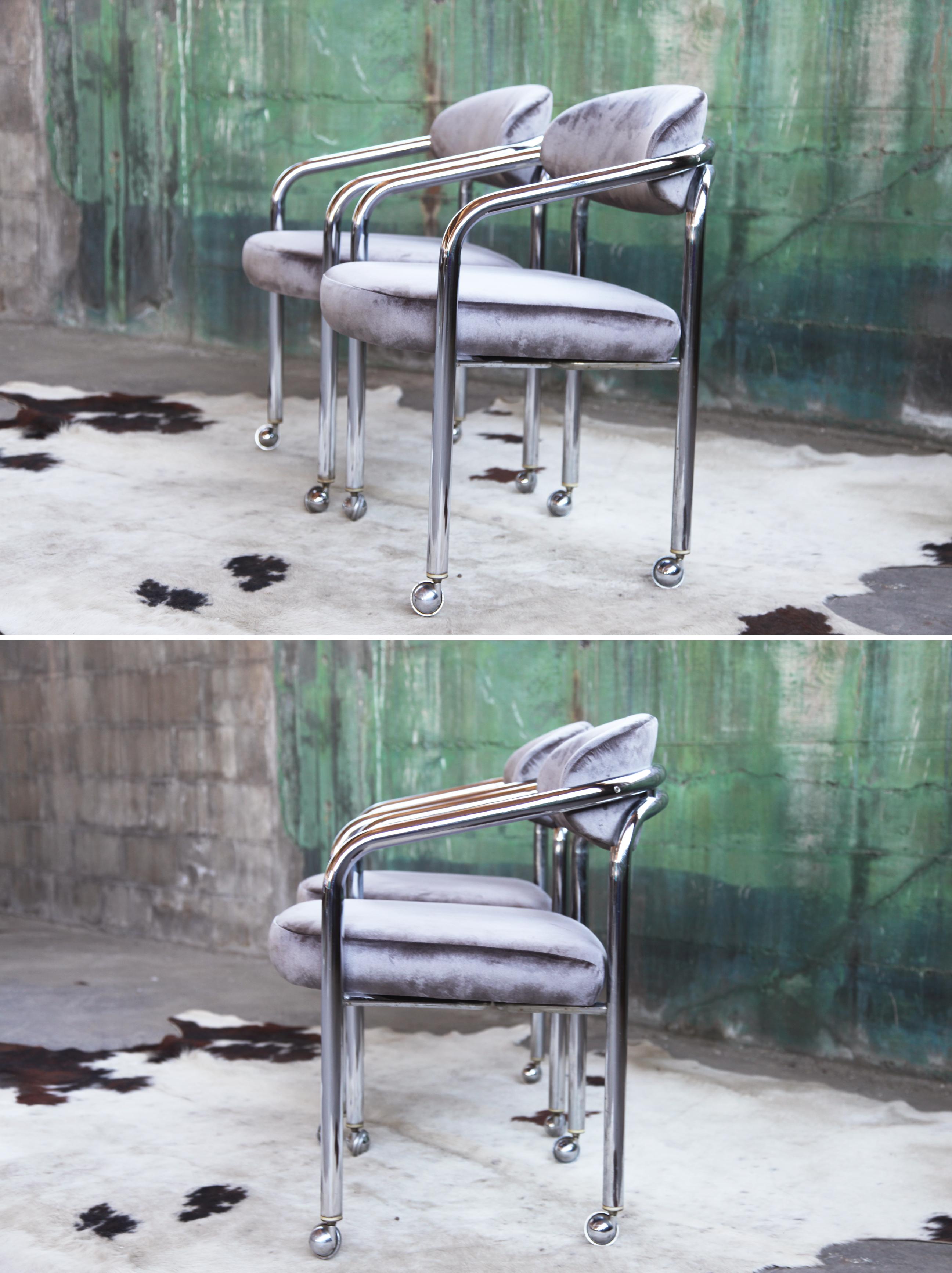 Postmodern Chrome Armchair in the Manner of John Mascheroni Grey Velvet, Casters For Sale 6