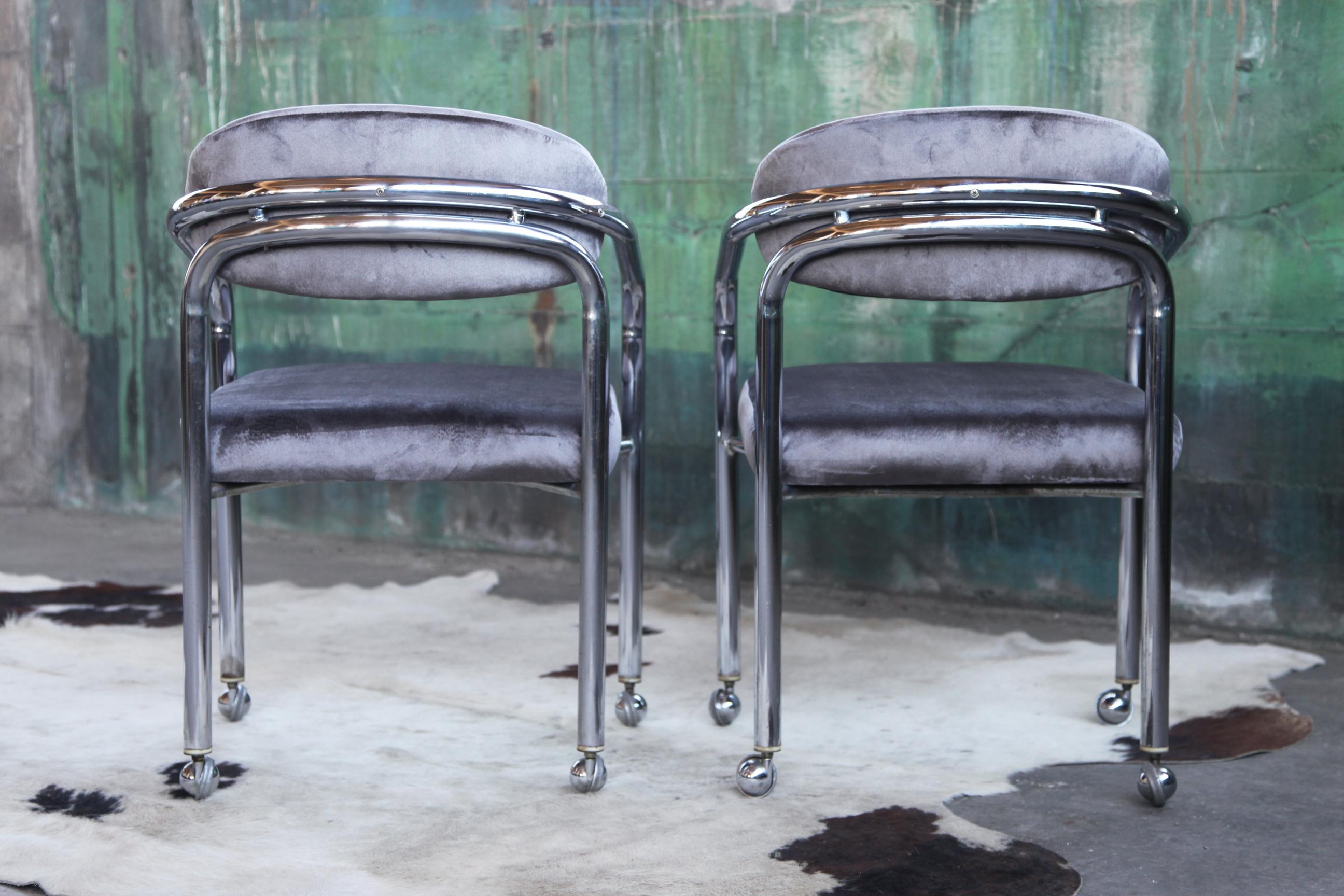 Modern Postmodern Chrome Armchair in the Manner of John Mascheroni Grey Velvet, Casters For Sale