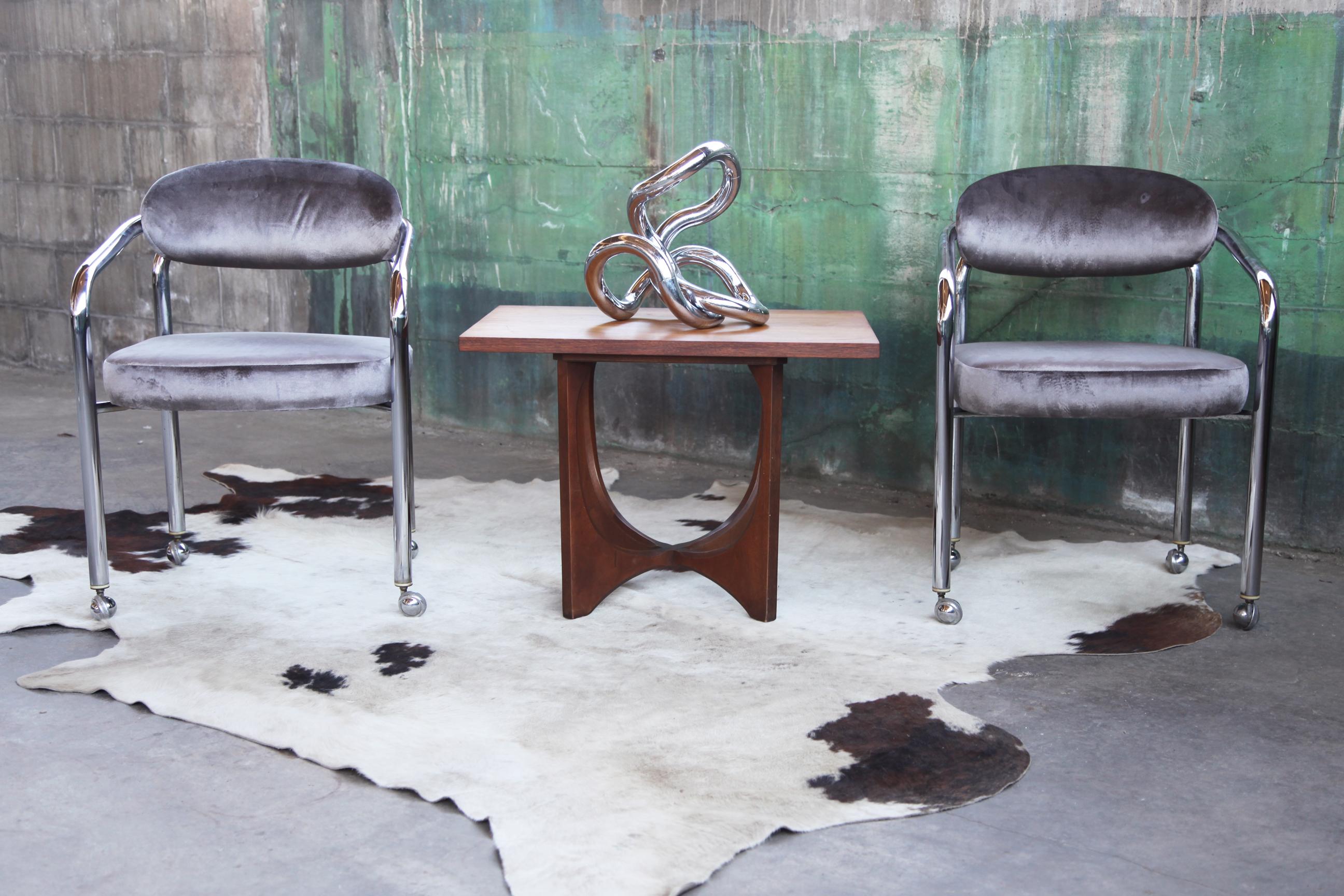 20th Century Postmodern Chrome Armchair in the Manner of John Mascheroni Grey Velvet, Casters For Sale