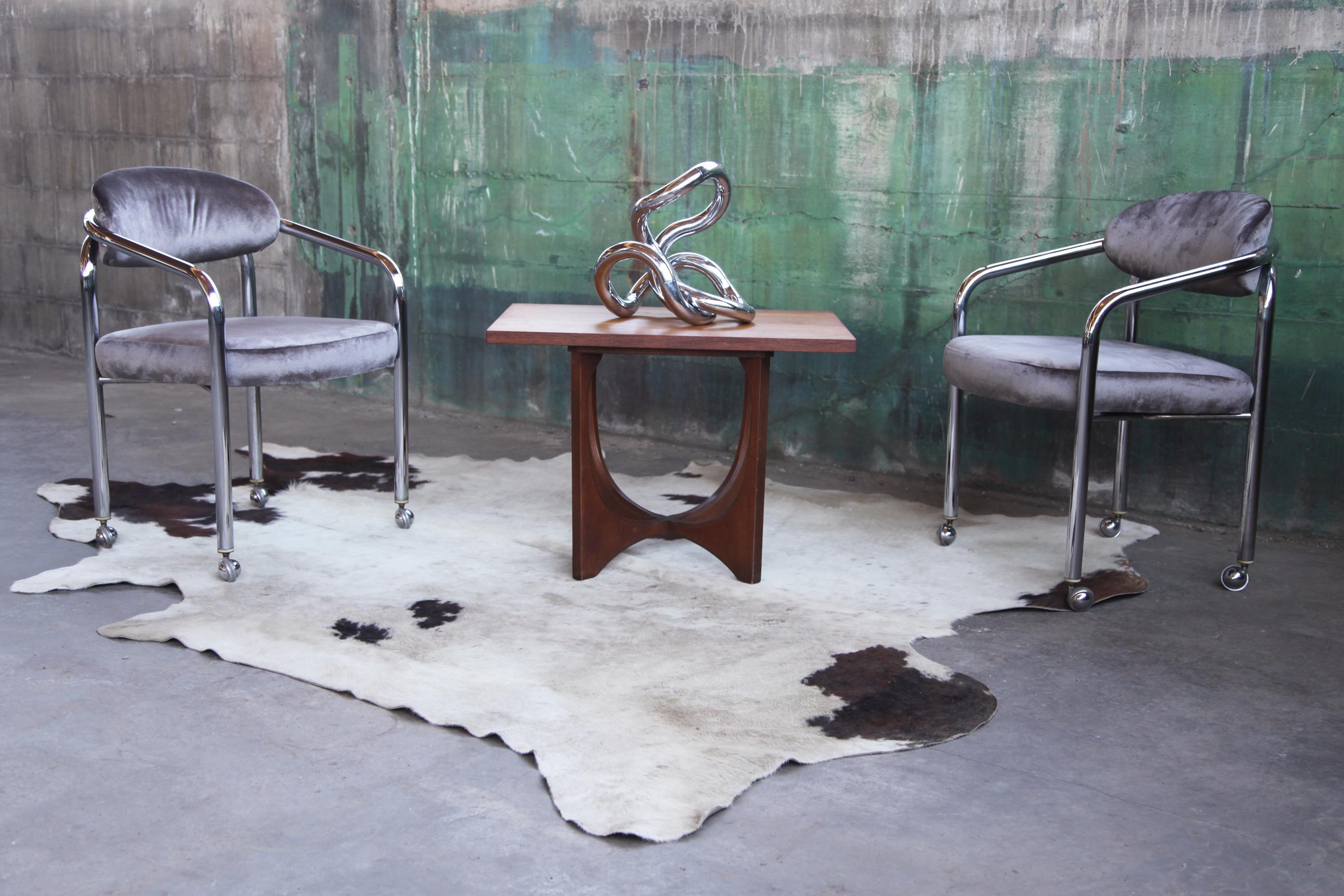 Postmodern Chrome Armchair in the Manner of John Mascheroni Grey Velvet, Casters For Sale 1