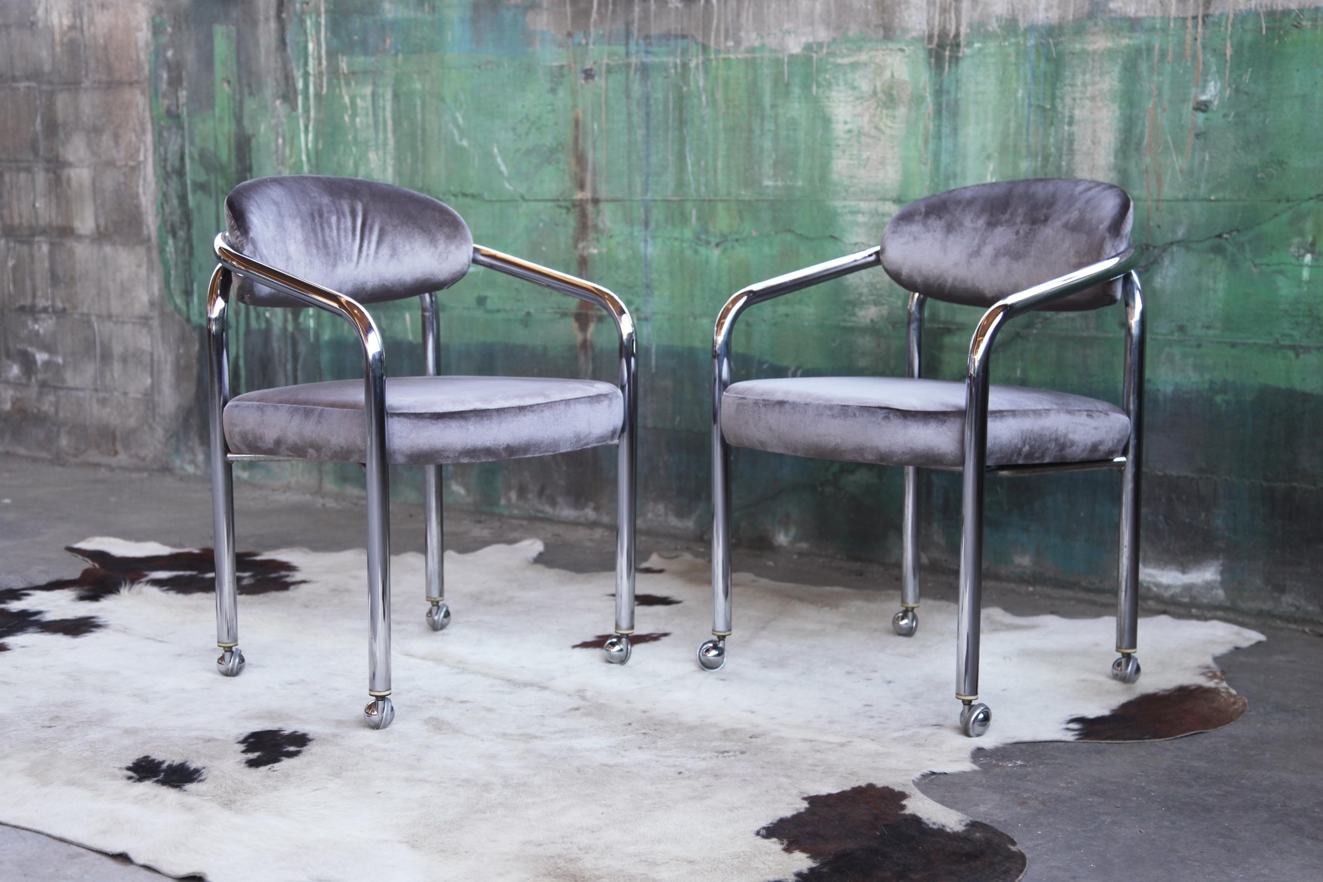 Postmodern Chrome Armchair in the Manner of John Mascheroni Grey Velvet, Casters For Sale 2