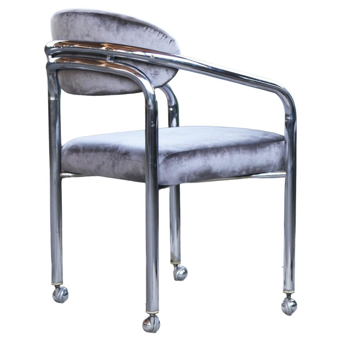 Postmodern Chrome Armchair in the Manner of John Mascheroni Grey Velvet, Casters For Sale