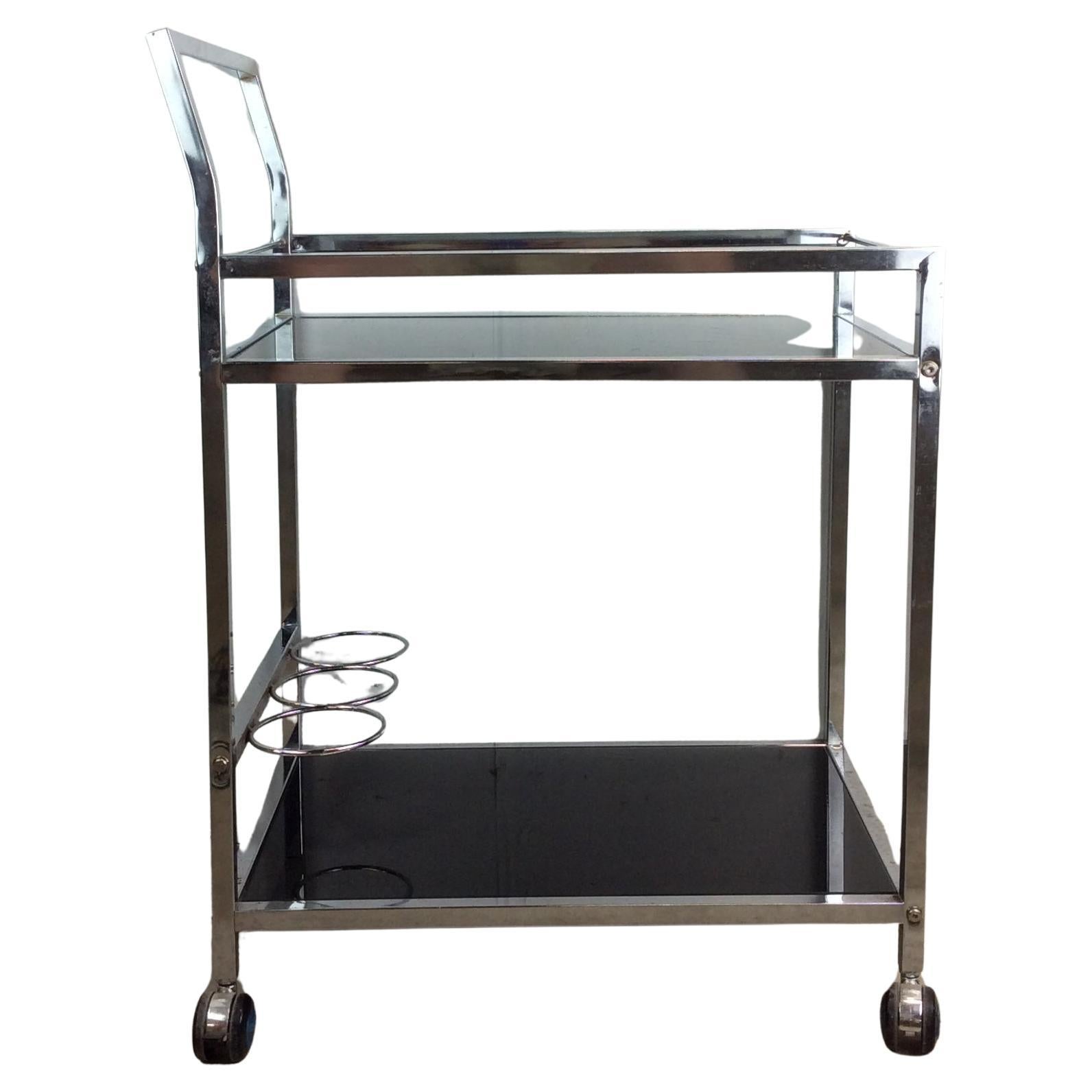 Postmodern Chrome 
Black Glass Wheeled Bar Cart