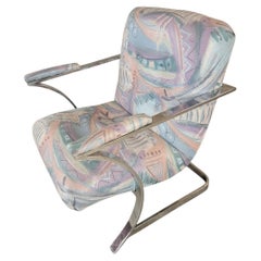 Postmodern Chrome Flat Bar Original Retro Patterned Upholstered Scoop Chair
