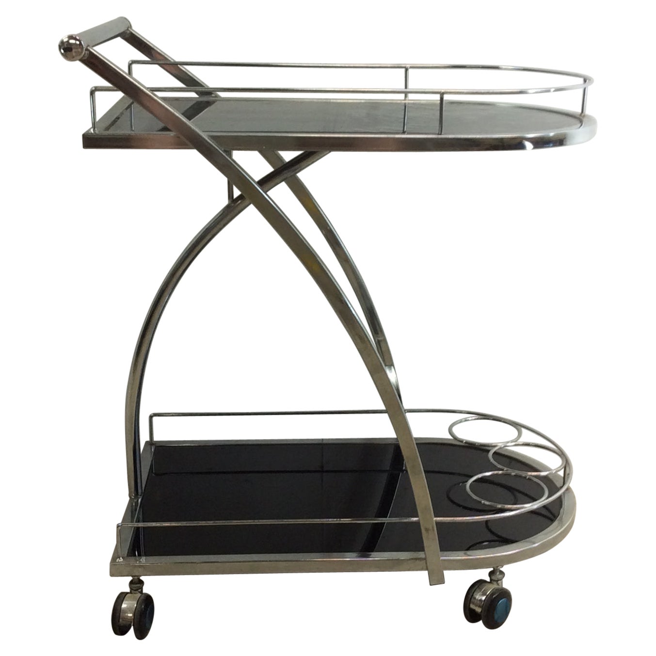 Carrito de bar con ruedas postmoderno de cromo y cristal en venta