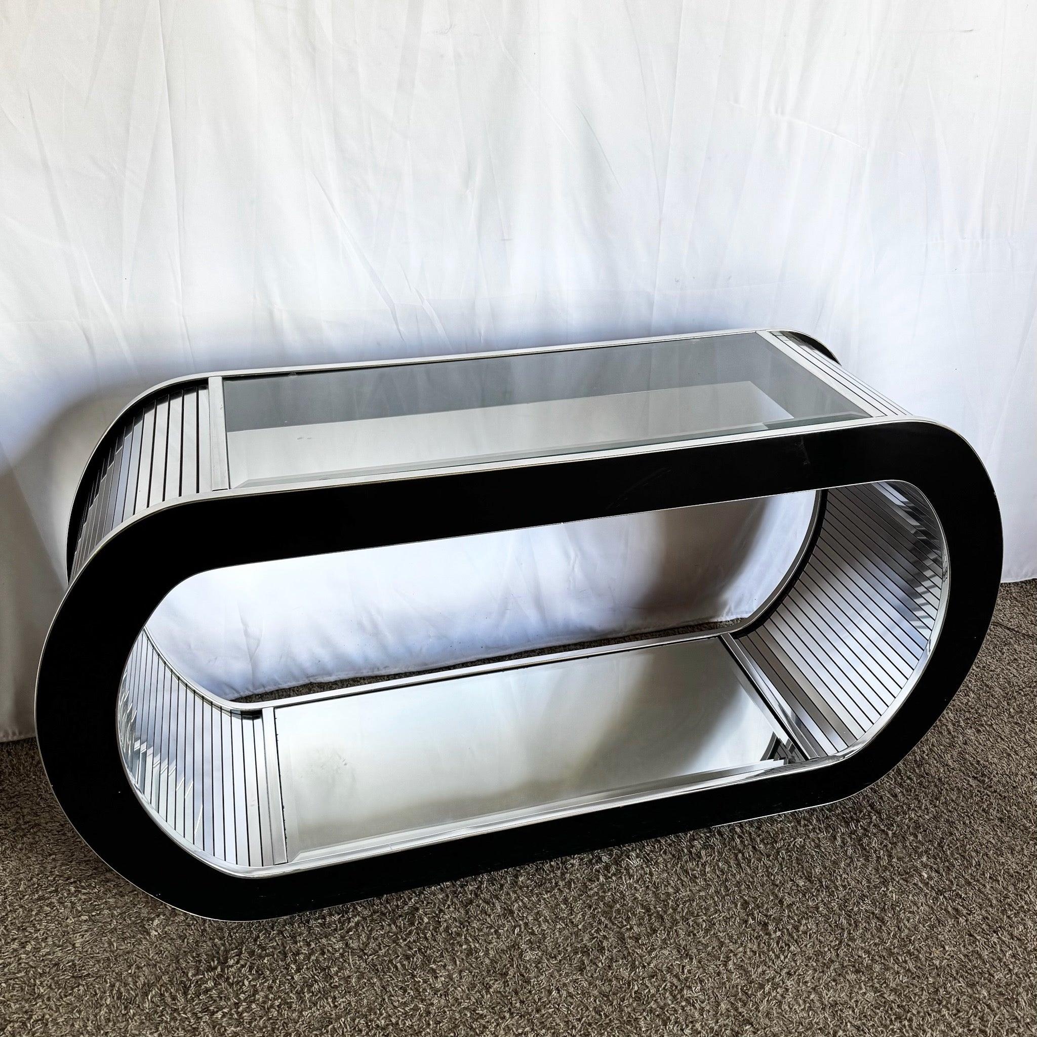 Late 20th Century Postmodern Chrome Mirror and Black Laminate Waterfall Console Table For Sale