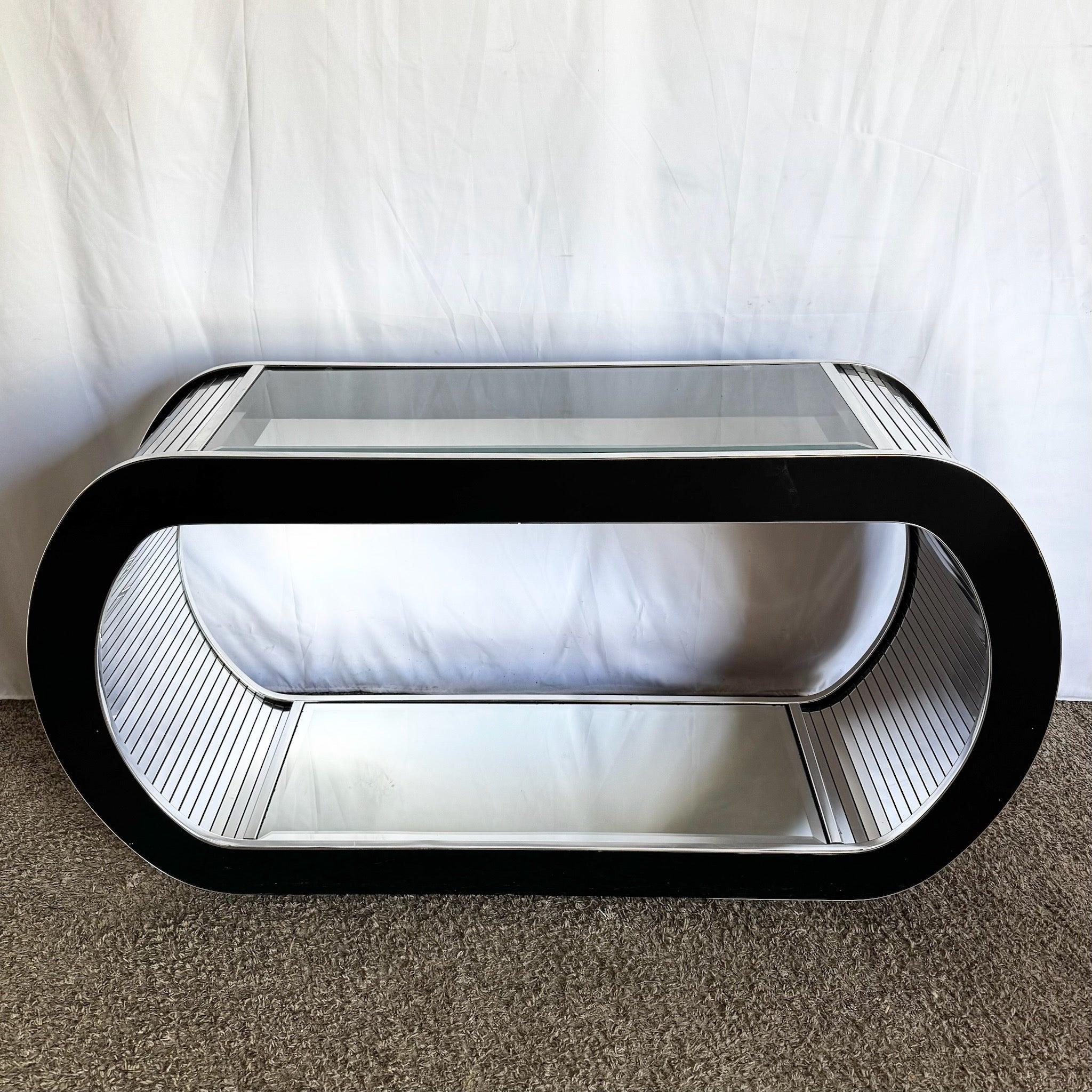 Wood Postmodern Chrome Mirror and Black Laminate Waterfall Console Table For Sale