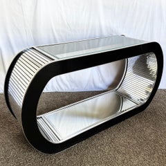 Postmodern Chrome Mirror and Black Laminate Waterfall Console Table