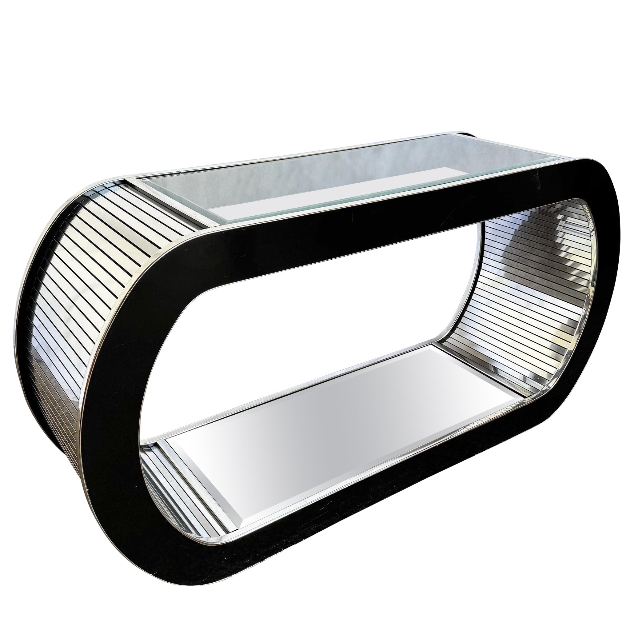 Postmodern Chrome Mirror and Black Laminate Waterfall Console Table For Sale