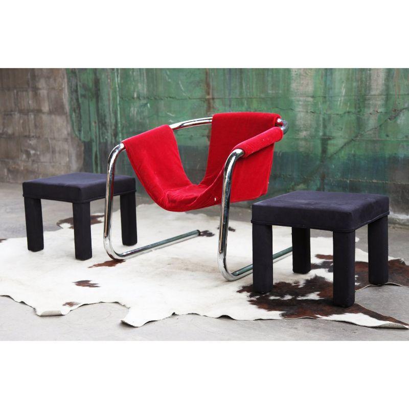 Italian Postmodern Chrome Vecta Zermatt Sling Red Velvet Lounge Chair, 1970s