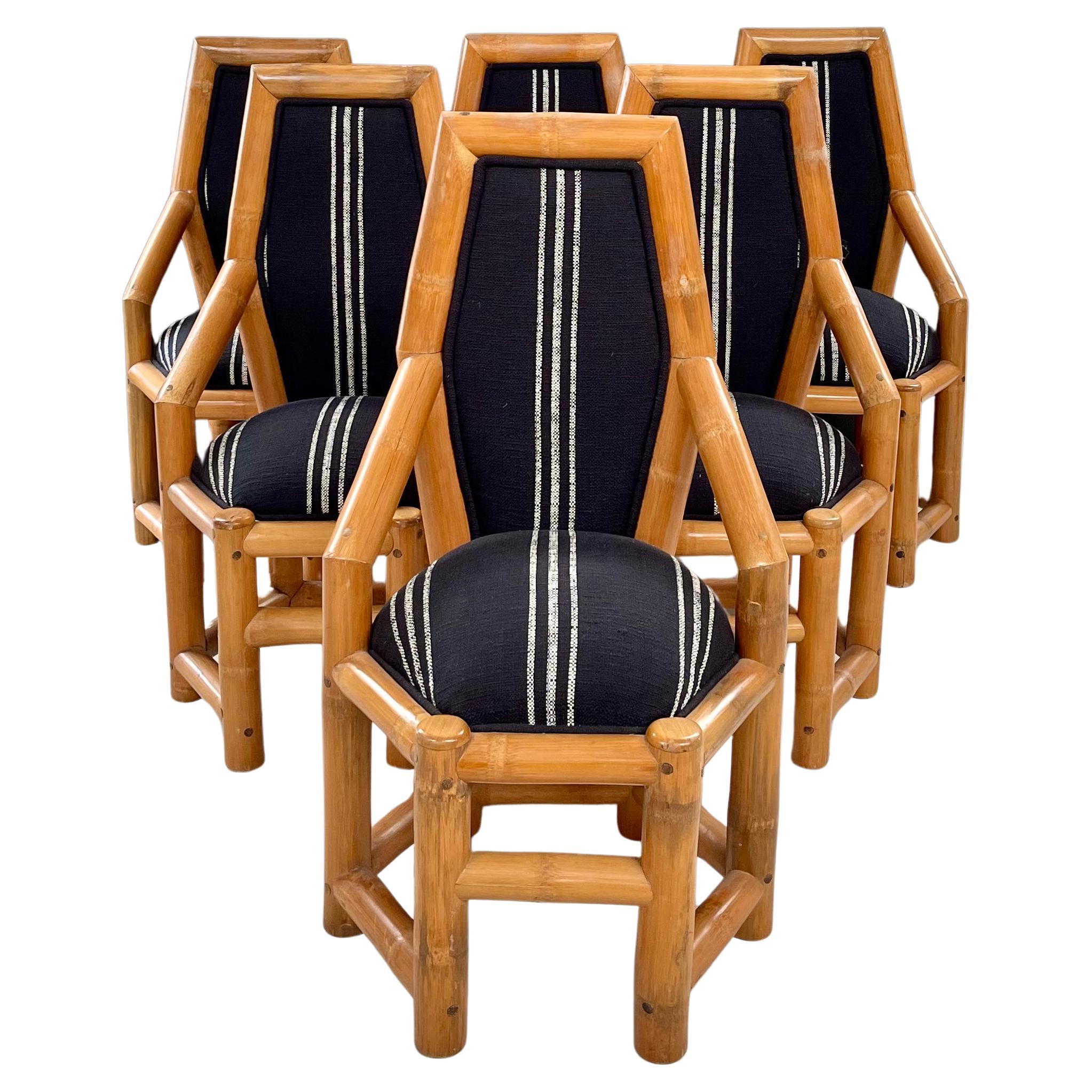 Postmodern Chunky Bamboo Dining Chairs, New Upholstery set of 6, Bohemian Accent For Sale