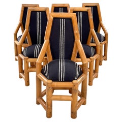 Used Postmodern Chunky Bamboo Dining Chairs, New Upholstery set of 6, Bohemian Accent