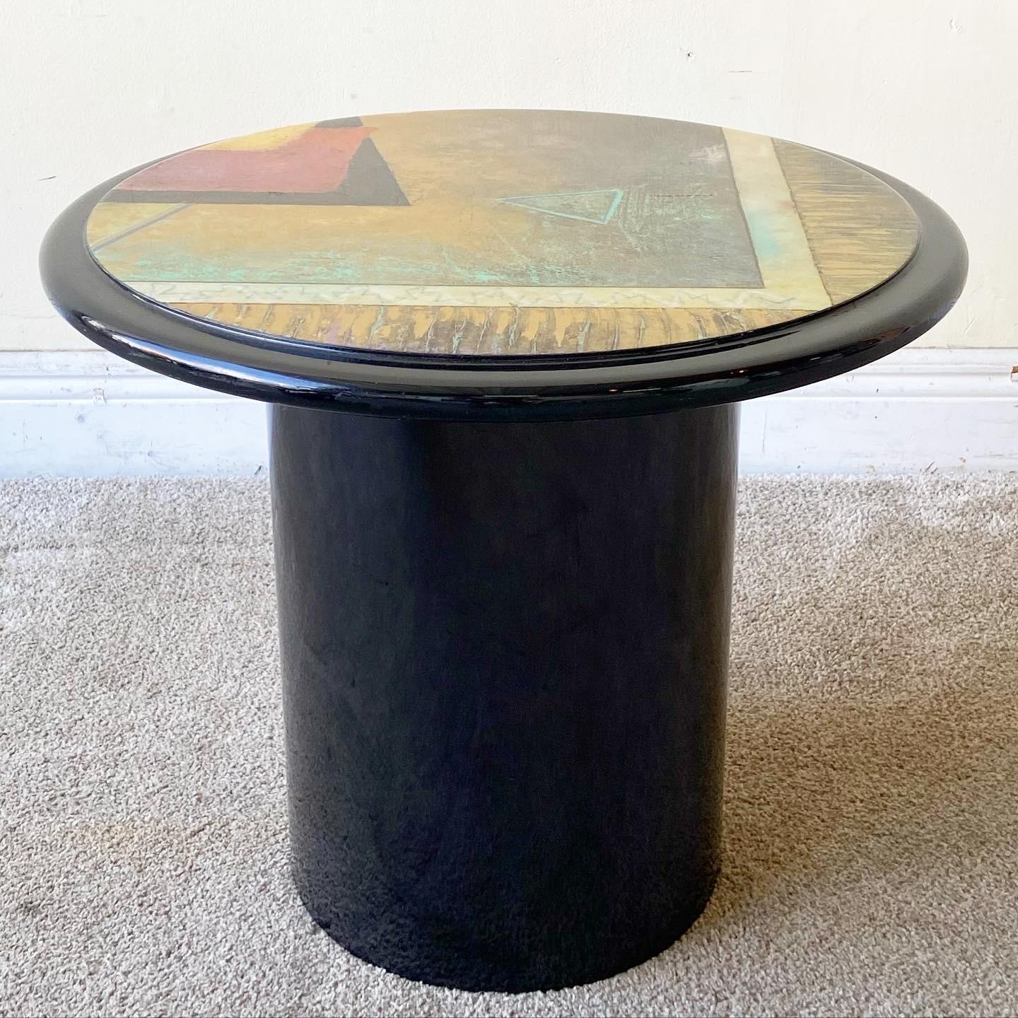 Late 20th Century Postmodern Circular Black Lacquered and Painted Mushroom Side Tables - a Pair For Sale