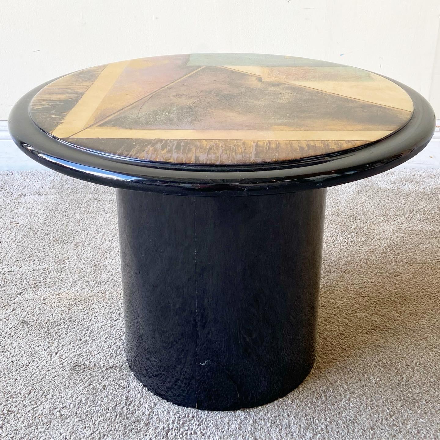 Wood Postmodern Circular Black Lacquered and Painted Mushroom Side Tables - a Pair For Sale