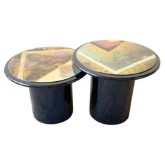 Postmodern Circular Black Lacquered and Painted Mushroom Side Tables - a Pair