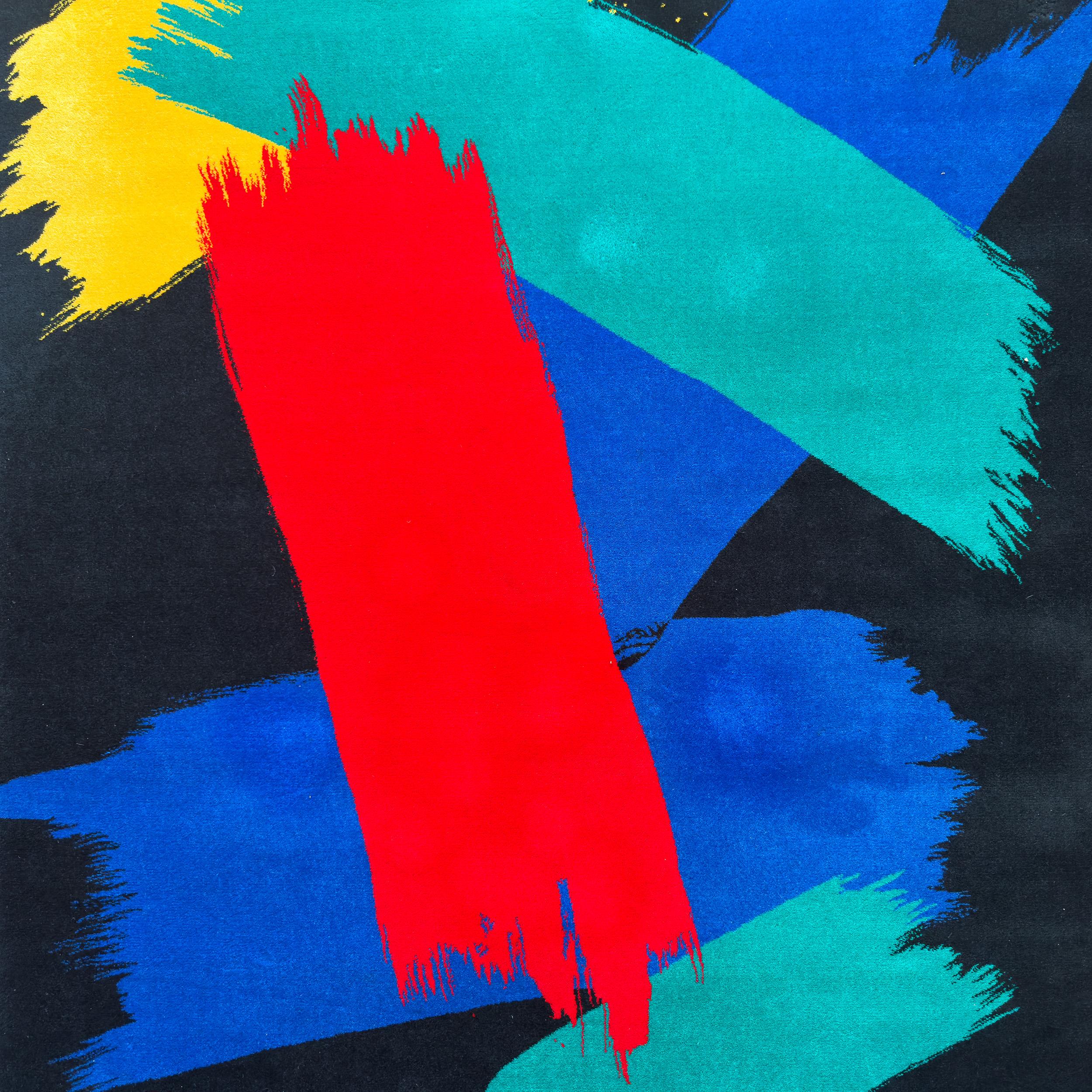 A striking postmodern rug by the renowned Belgian manufacturer Louis de Poortere. Designed by Zofia Rostad, this 