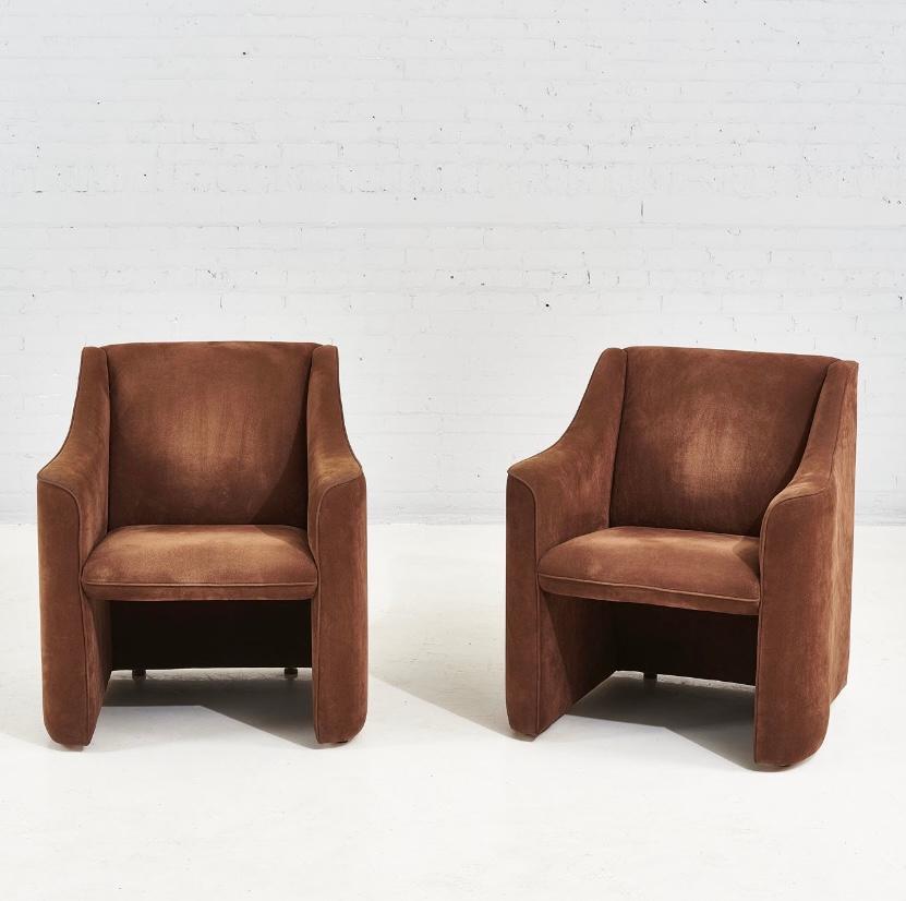 Postmodern club chairs, 1980. Original ultra suede.