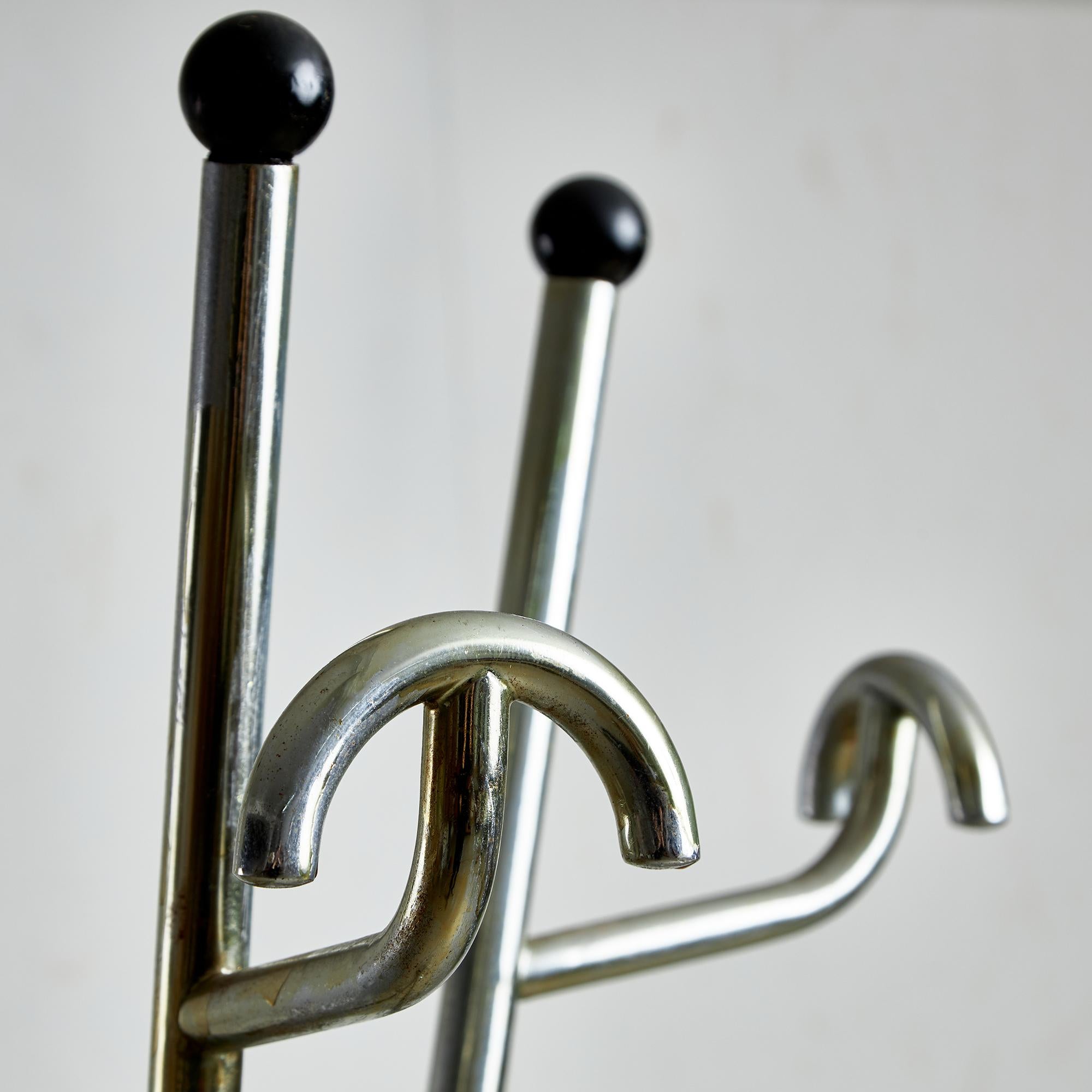 Mid-Century Modern Postmodern Coat Rack with Four Arms, Umbrella Holder and Black Vinyl Spheres For Sale