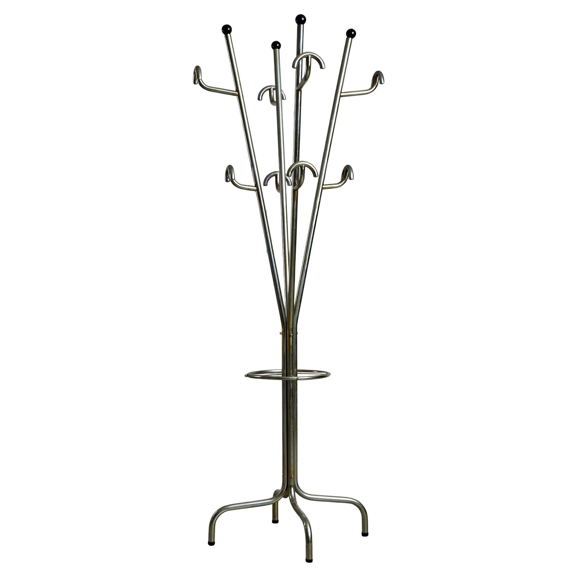 Postmodern Coat Rack with Four Arms, Umbrella Holder and Black Vinyl Spheres For Sale