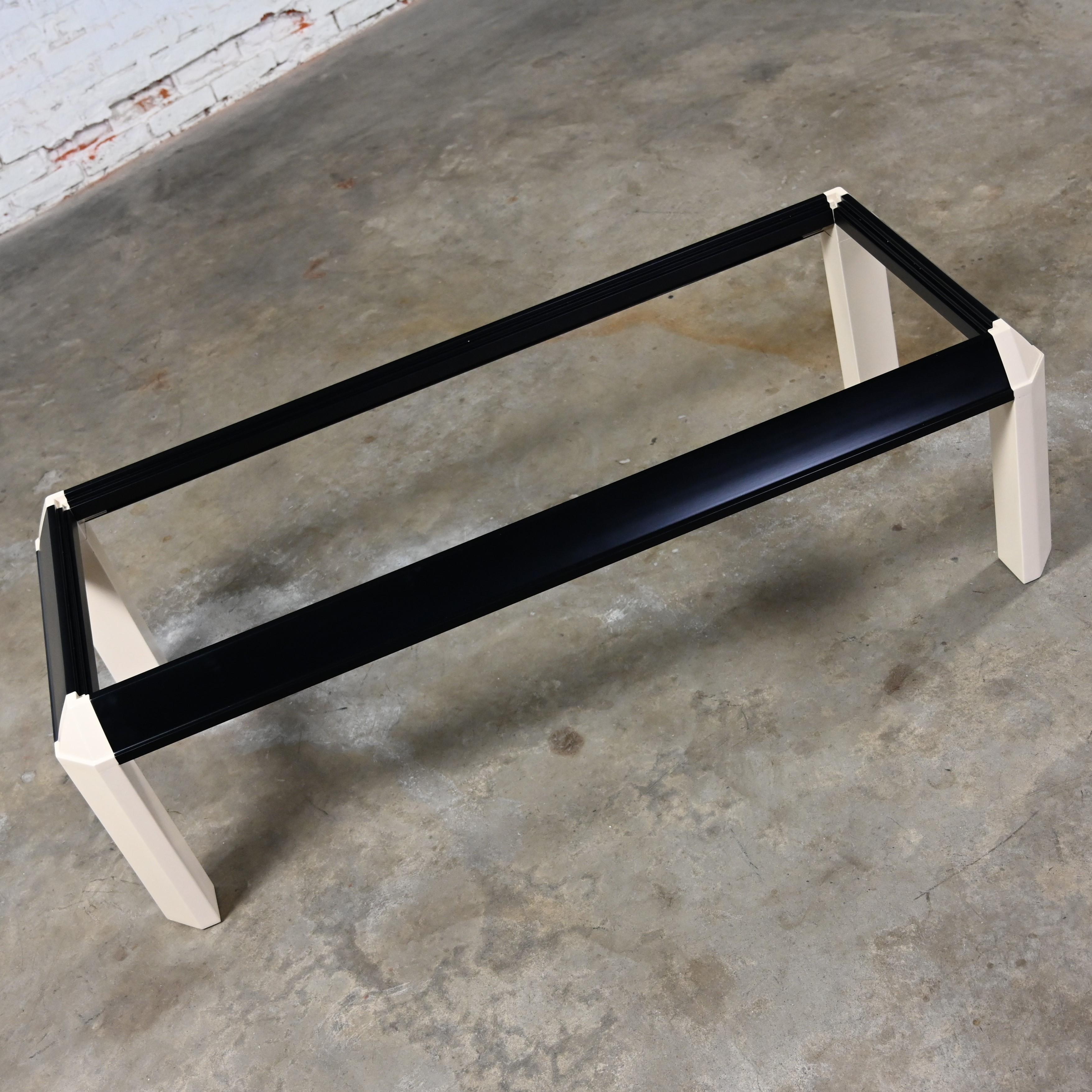 Postmodern Coffee Table Black Painted Frame Off White Trapezoid Legs Glass Top For Sale 3