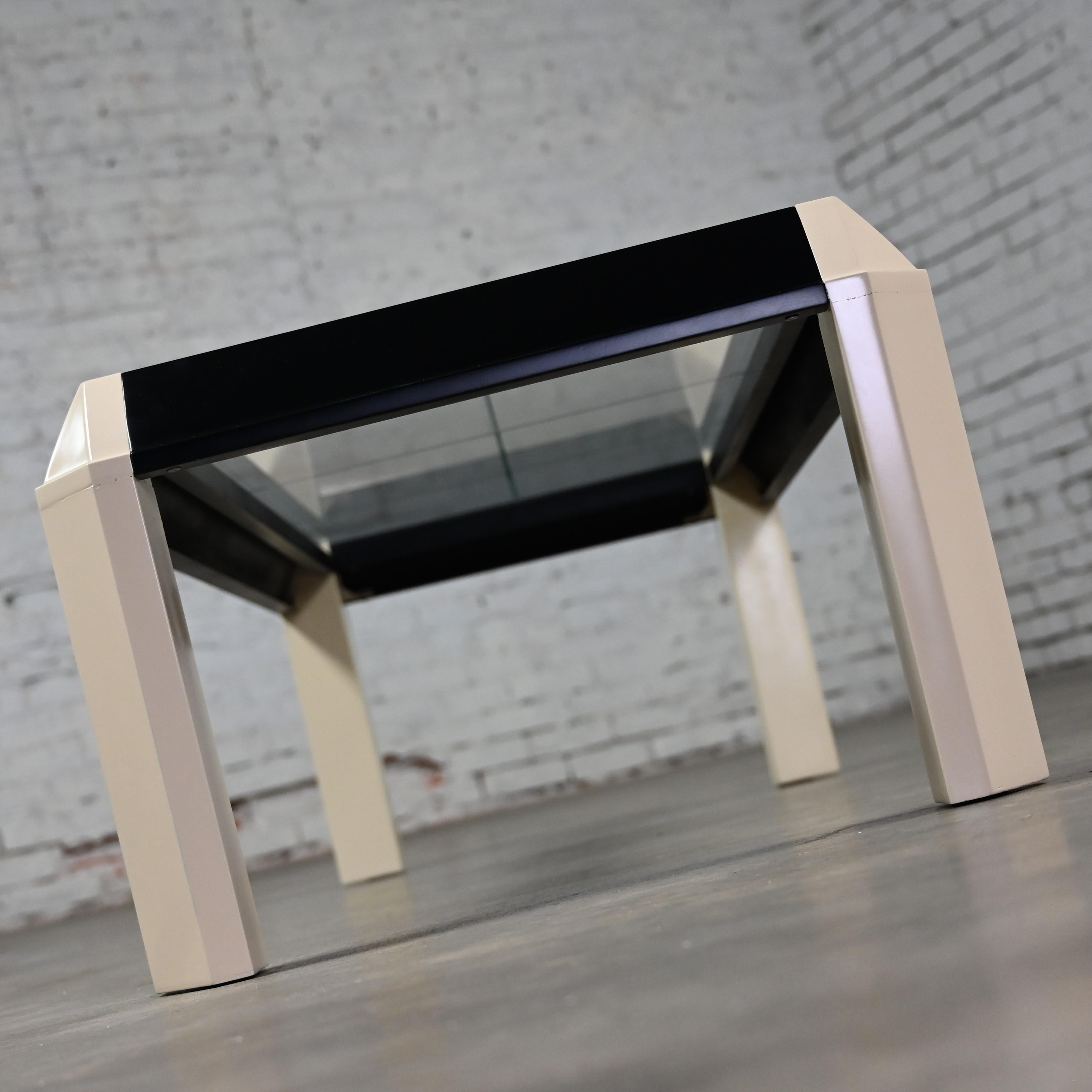 Postmodern Coffee Table Black Painted Frame Off White Trapezoid Legs Glass Top For Sale 5
