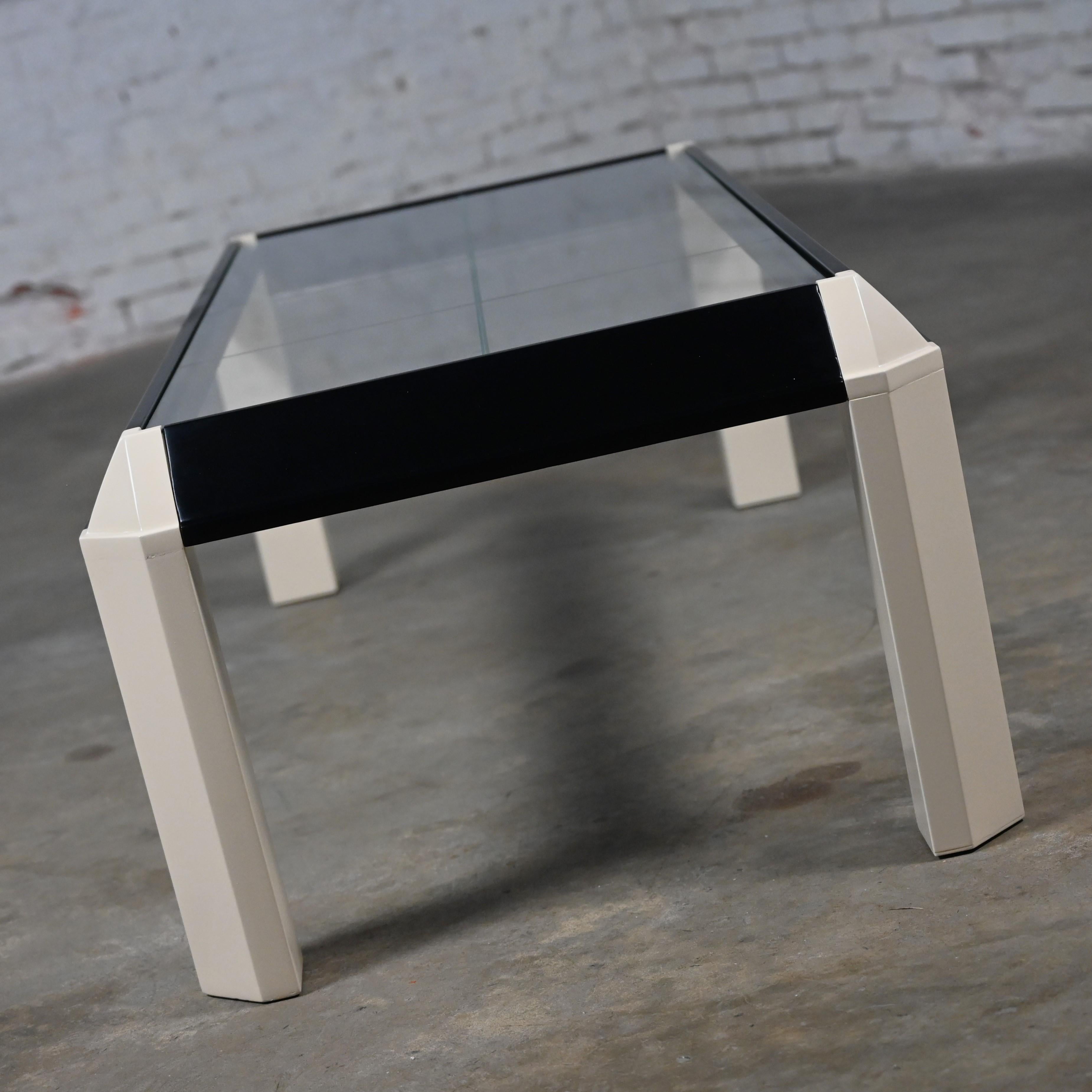 Postmodern Coffee Table Black Painted Frame Off White Trapezoid Legs Glass Top For Sale 7