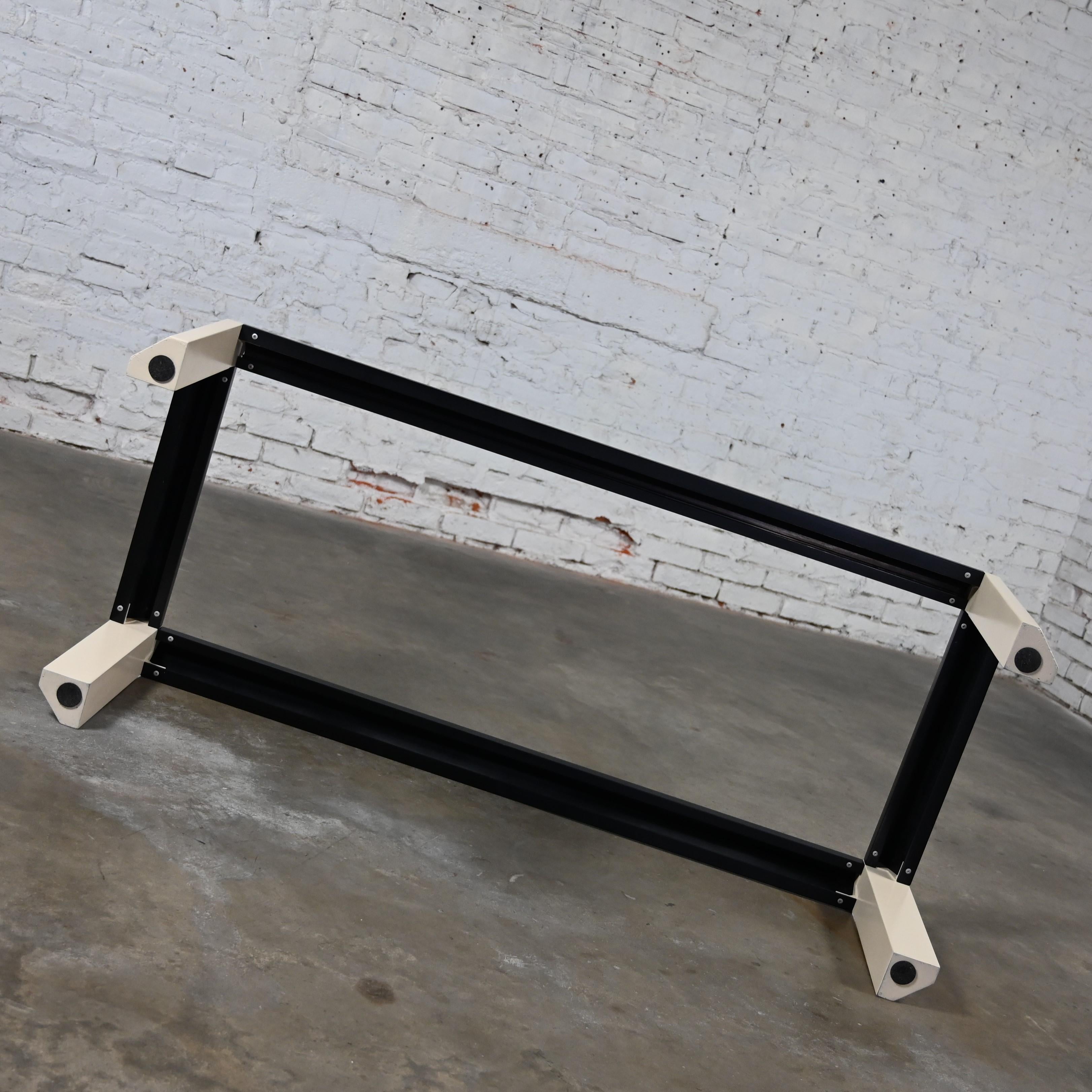 Postmodern Coffee Table Black Painted Frame Off White Trapezoid Legs Glass Top For Sale 8