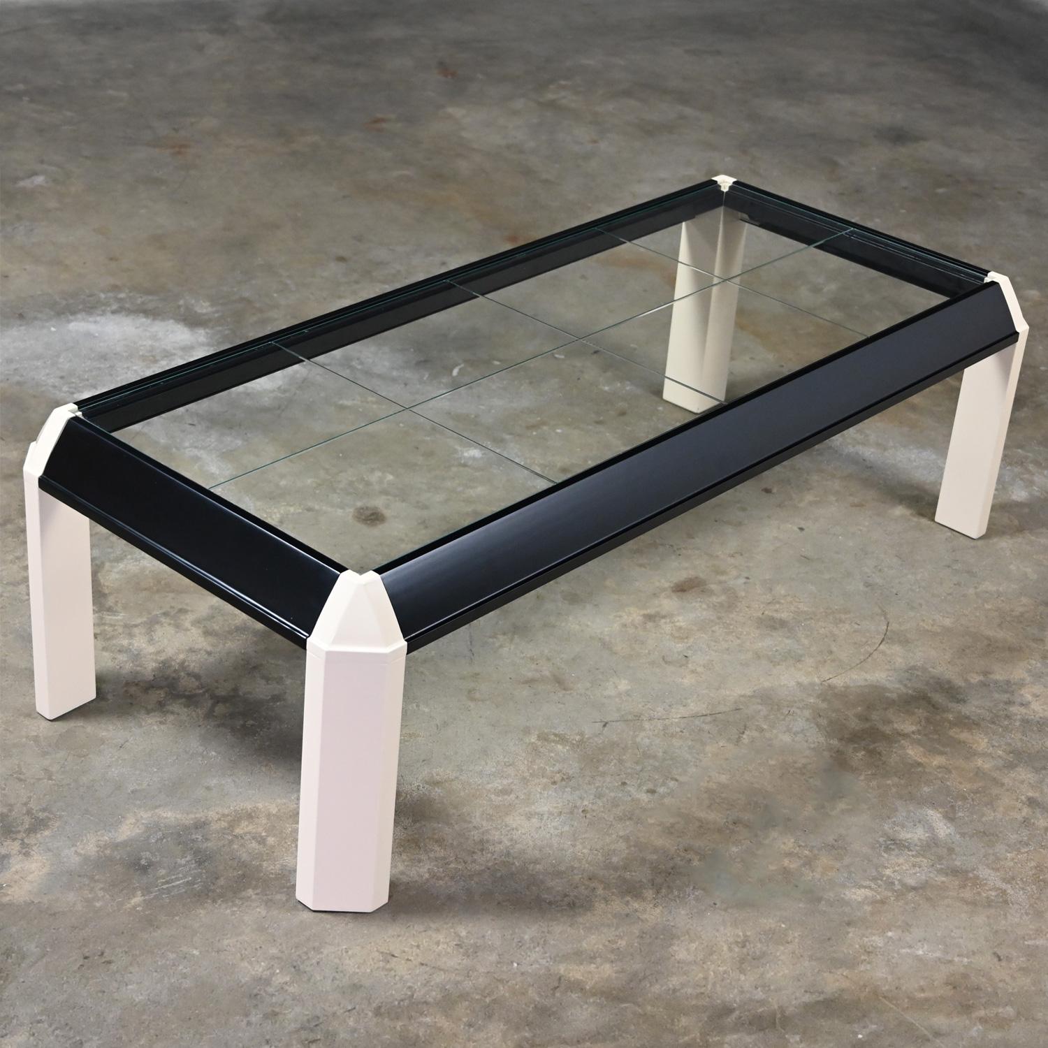 Post-Modern Postmodern Coffee Table Black Painted Frame Off White Trapezoid Legs Glass Top For Sale