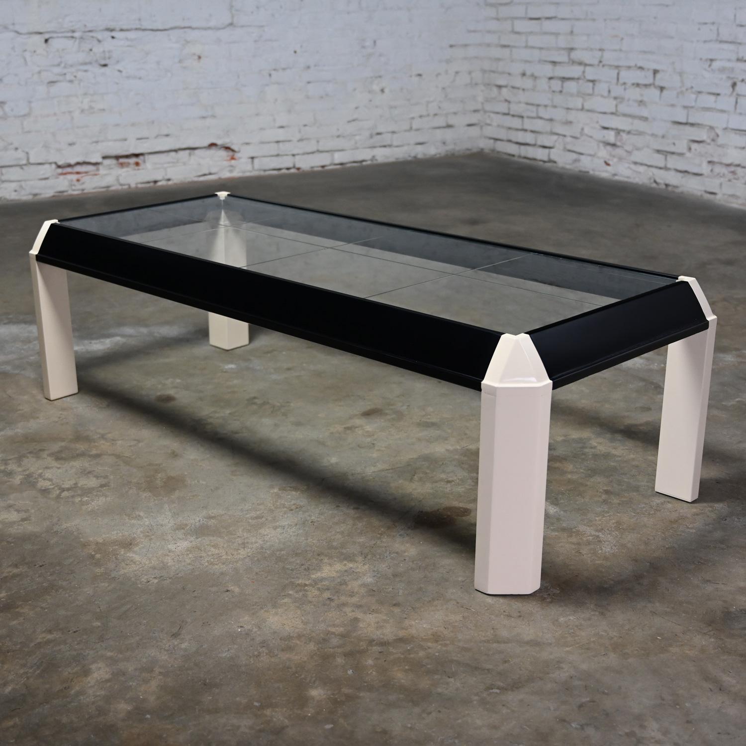 Unknown Postmodern Coffee Table Black Painted Frame Off White Trapezoid Legs Glass Top For Sale